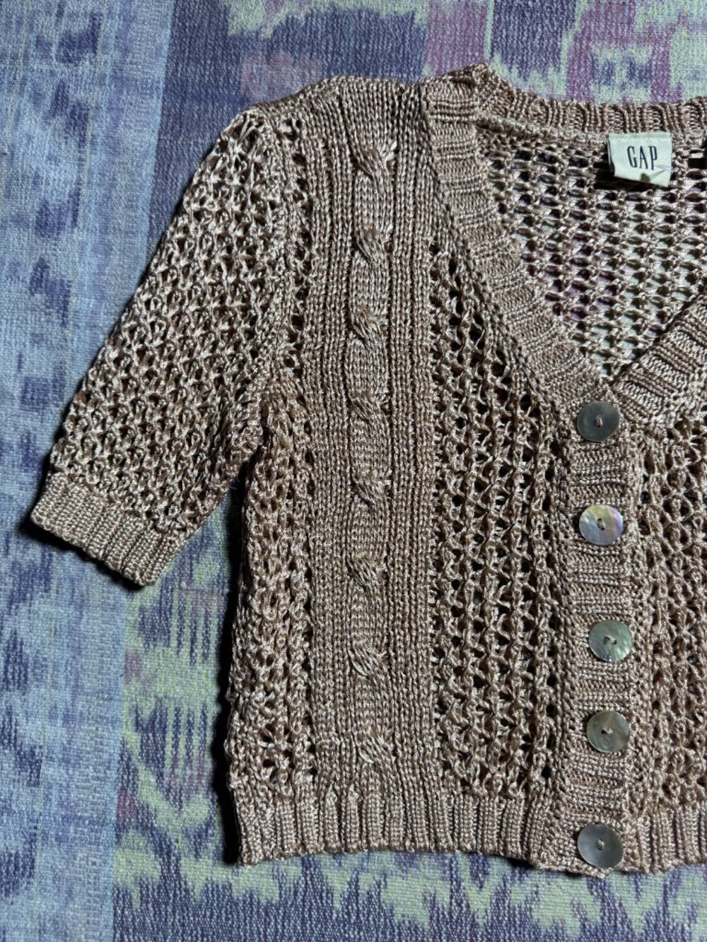 Vintage GAP Women Crochet Open Knit Short Sleeve Crop Cardigan Metallic Beige S - Picture 9 of 12